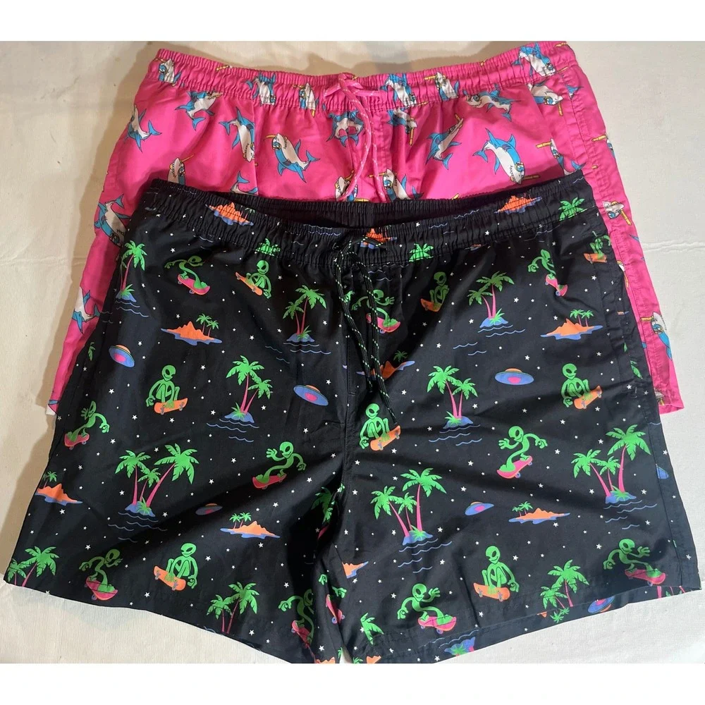No Boundaries Mens Swim Trunks Bundle XL Pink Shark & Black Alien Skateboard 2pk